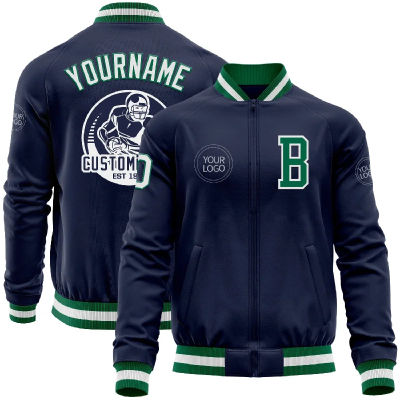 Versatile Zip Jacket for Travel and Leisure-Custom Navy White-Kelly Green Bomber Varsity Letterman Zipper Jacket