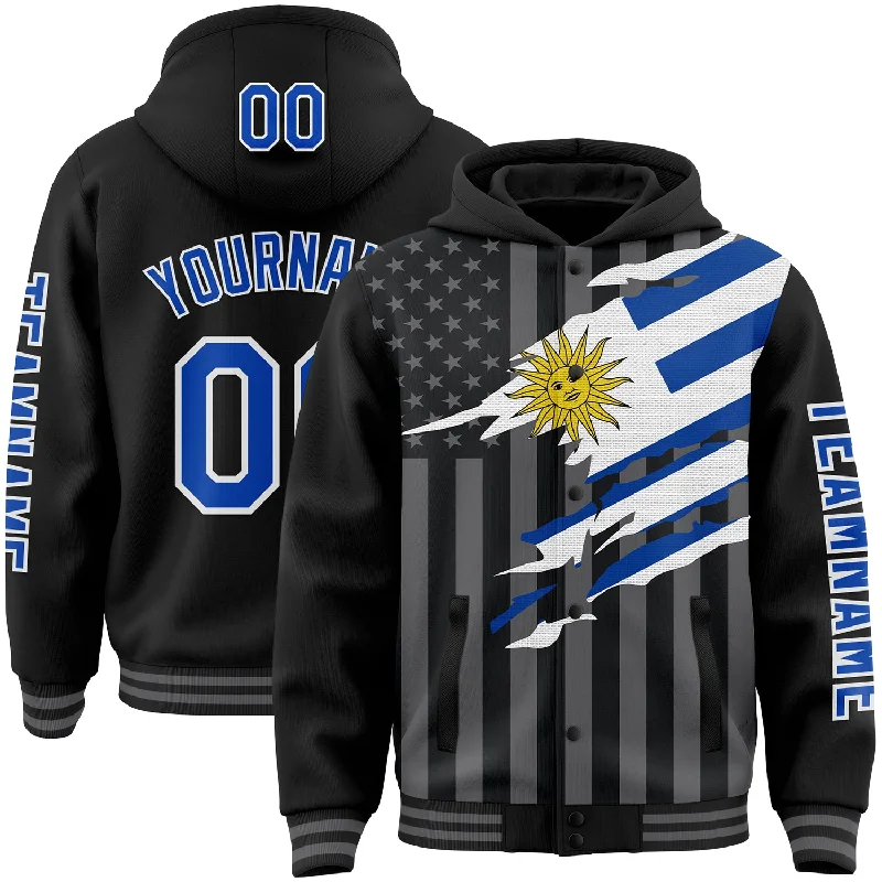 Warm Hooded Jacket for Outdoor Adventures-Custom Black Thunder Blue-Gray Uruguay Uruguayan Flag 3D Bomber Full-Snap Varsity Letterman Hoodie Jacket