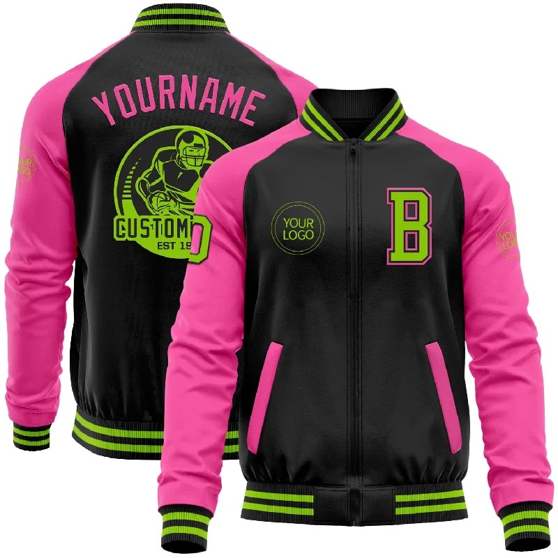 Warm Fleece Jacket for Cold Weather Comfort-Custom Black Neon Green-Pink Bomber Varsity Letterman Two Tone Zipper Jacket