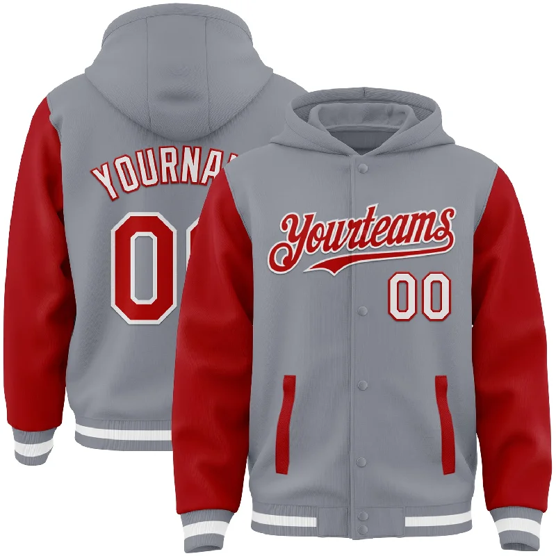 Cool Graphic Hoodie for Streetwear Look-Custom Gray Red-White Bomber Full-Snap Varsity Letterman Two Tone Hoodie Jacket