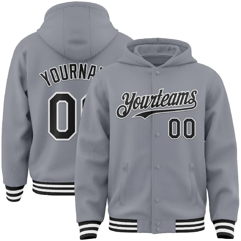 High-Quality Performance Hoodie for Fitness Enthusiasts-Custom Gray Black-White Bomber Full-Snap Varsity Letterman Hoodie Jacket