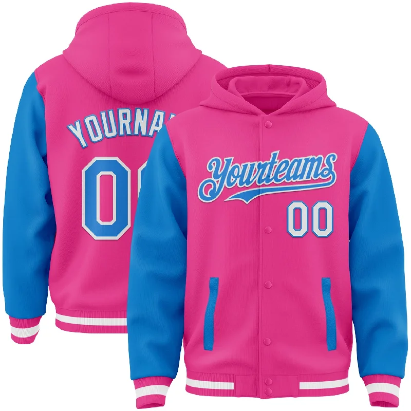 Breathable Hoodie for Summer Nights-Custom Pink Powder Blue-White Bomber Full-Snap Varsity Letterman Two Tone Hoodie Jacket