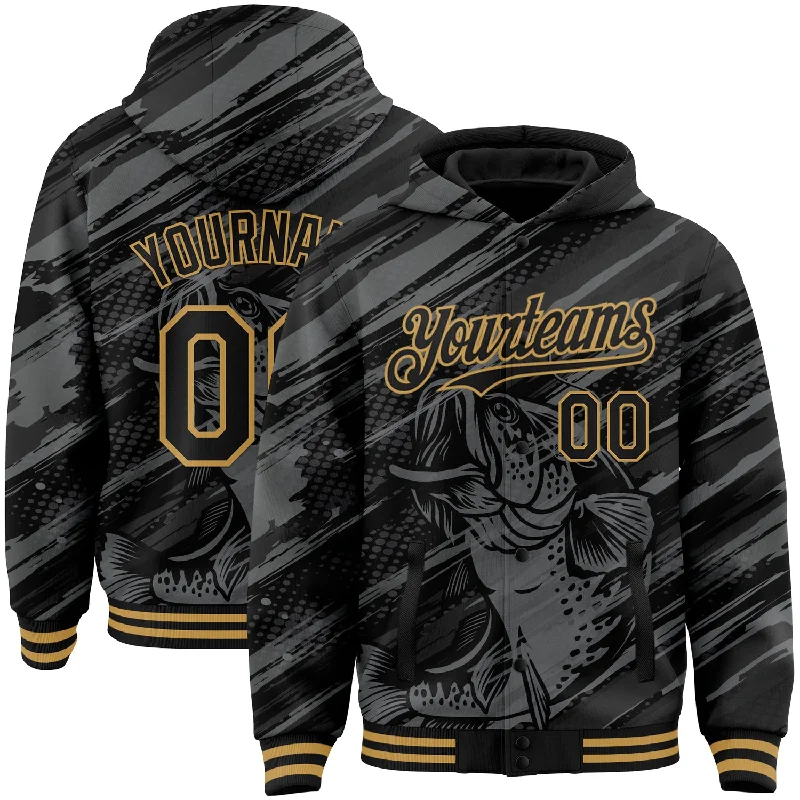 Customizable Hoodie for Personalized Apparel-Custom Black Old Gold Largemouth Bass Fish Fishing 3D Bomber Full-Snap Varsity Letterman Hoodie Jacket