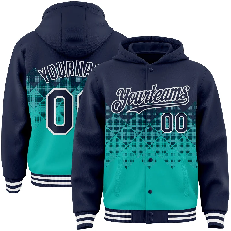 Soft Cotton Hooded Sweatshirt for Relaxed Style-Custom Navy Aqua-White Gradient Square Shape 3D Pattern Design Bomber Full-Snap Varsity Letterman Hoodie Jacket