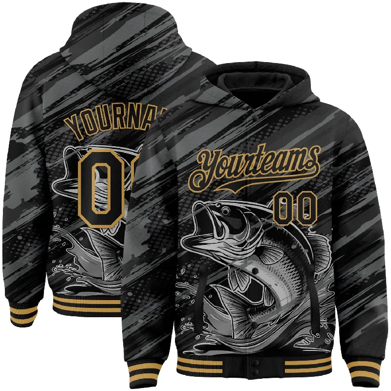 Breathable Running Hoodie for Active Wear-Custom Black Old Gold Largemouth Bass Fish Fishing 3D Bomber Full-Snap Varsity Letterman Hoodie Jacket