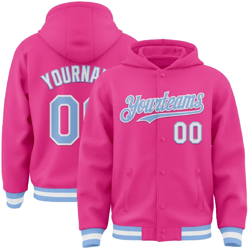 Water-Resistant Hoodie for Outdoor Exploration-Custom Pink Light Blue-White Bomber Full-Snap Varsity Letterman Hoodie Jacket