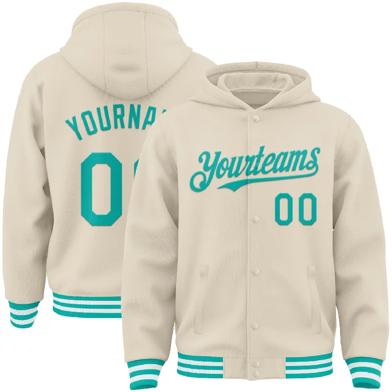 Performance Hoodie for Workout Sessions-Custom Cream Aqua-White Bomber Full-Snap Varsity Letterman Hoodie Jacket