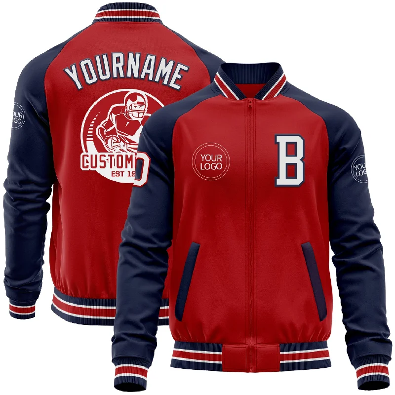 Zip-Up Sports Jacket for Workout Sessions-Custom Red White-Navy Bomber Varsity Letterman Two Tone Zipper Jacket