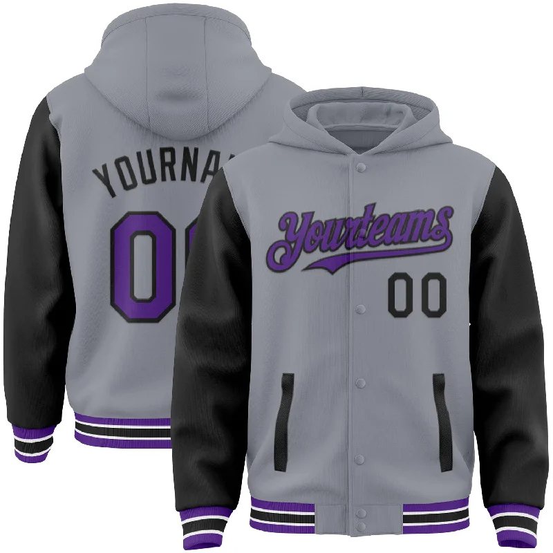 Comfortable Hooded Sweatshirt for Layering-Custom Gray Purple-Black Bomber Full-Snap Varsity Letterman Two Tone Hoodie Jacket