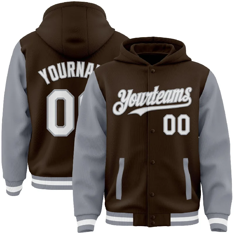 Graphic Print Zip Hoodie for Stylish Looks-Custom Brown White-Gray Bomber Full-Snap Varsity Letterman Two Tone Hoodie Jacket