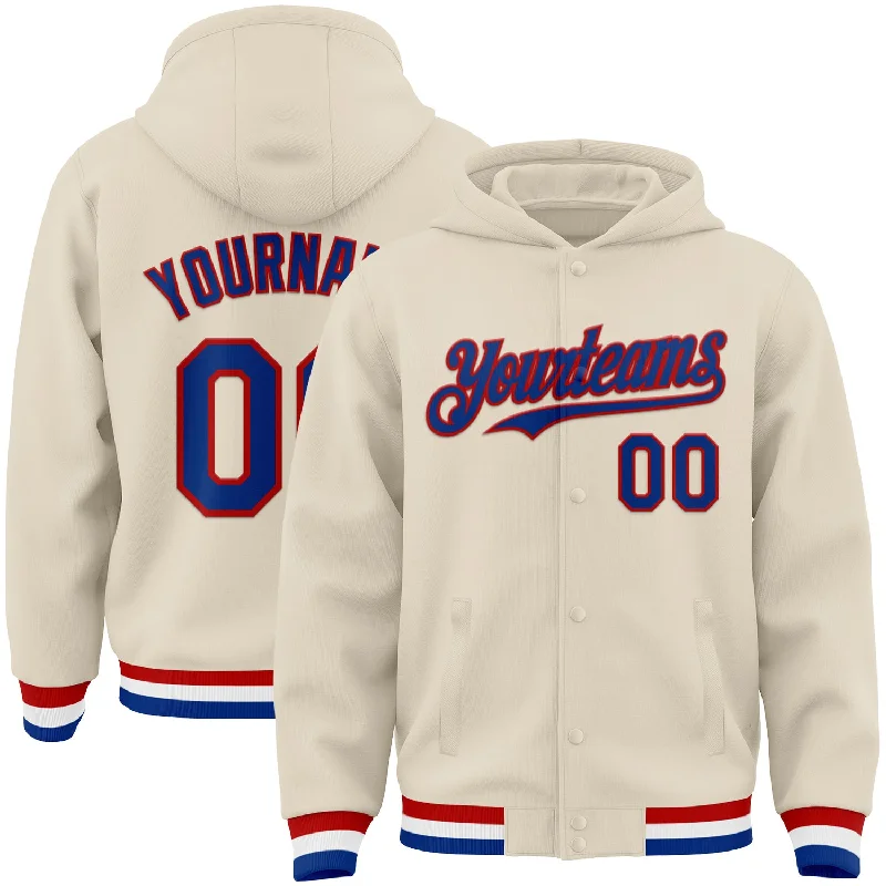 Premium Quality Hoodie for Luxury Comfort-Custom Cream Royal Red-White Bomber Full-Snap Varsity Letterman Hoodie Jacket