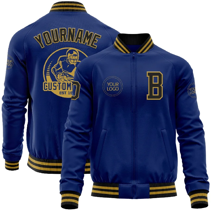 Insulated Jacket for Cold Winter Days-Custom Royal Black-Old Gold Bomber Varsity Letterman Zipper Jacket