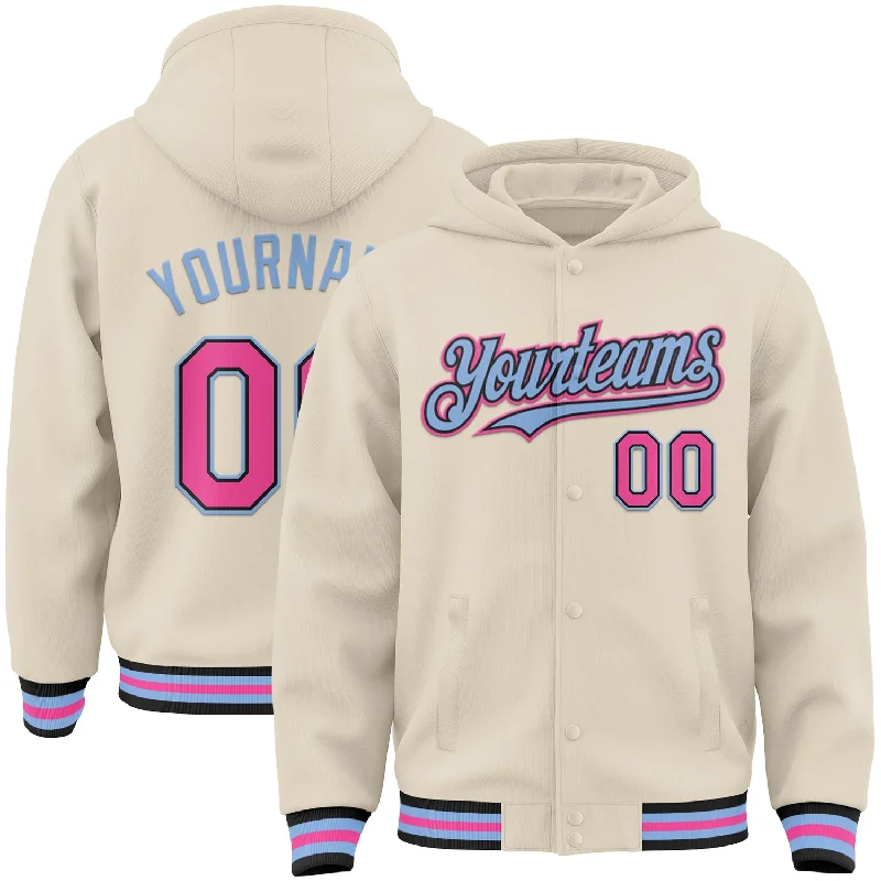 Soft French Terry Hoodie for Comfy Casual Wear-Custom Cream Pink Black-Light Blue Bomber Full-Snap Varsity Letterman Hoodie Jacket