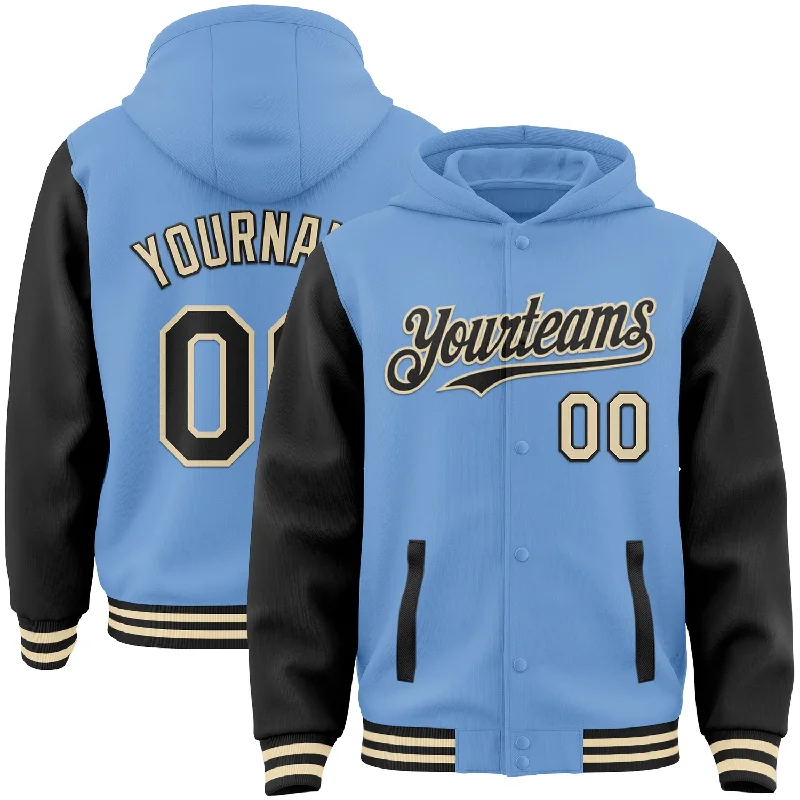 High-Neck Hoodie for Extra Warmth-Custom Light Blue Black-Cream Bomber Full-Snap Varsity Letterman Two Tone Hoodie Jacket