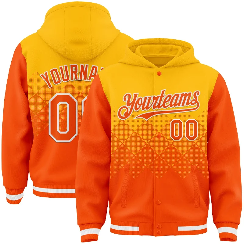 High-Neck Hoodie for Extra Warmth-Custom Gold Orange-White Gradient Square Shape 3D Pattern Design Bomber Full-Snap Varsity Letterman Hoodie Jacket