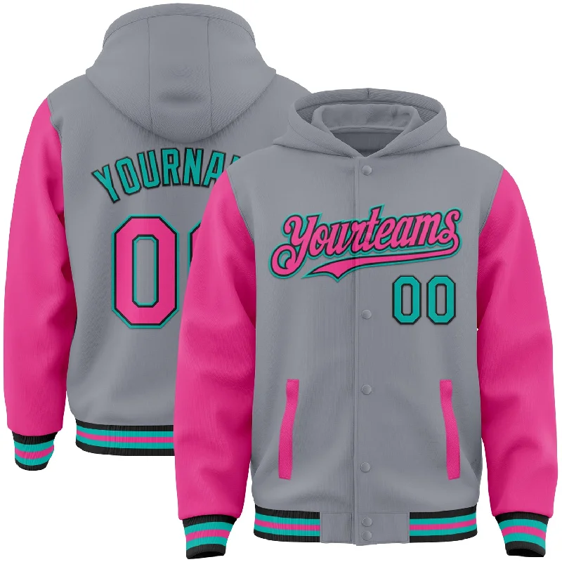 Heavy Duty Hoodie for Outdoor Workwear-Custom Gray Pink Black-Aqua Bomber Full-Snap Varsity Letterman Two Tone Hoodie Jacket