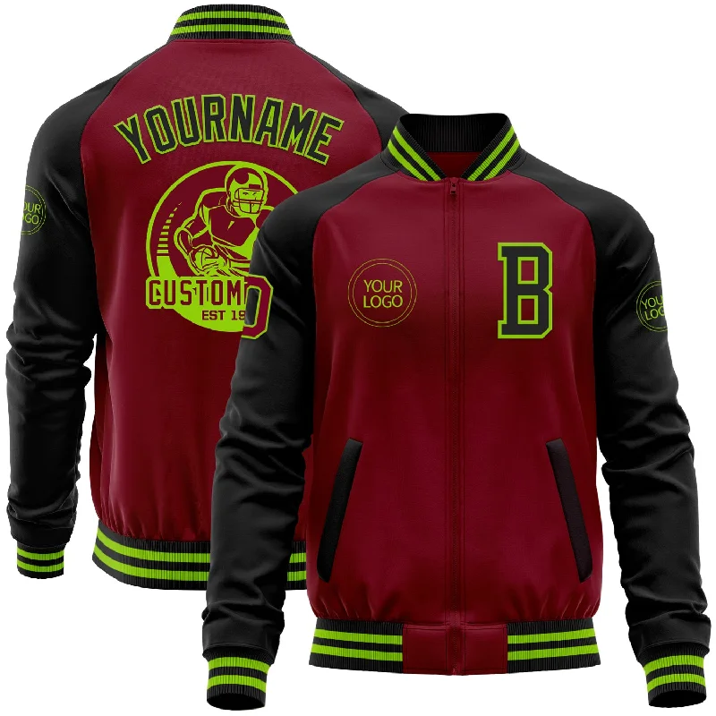 Lightweight Windbreaker Jacket for Active Outdoors-Custom Crimson Black-Neon Green Bomber Varsity Letterman Two Tone Zipper Jacket