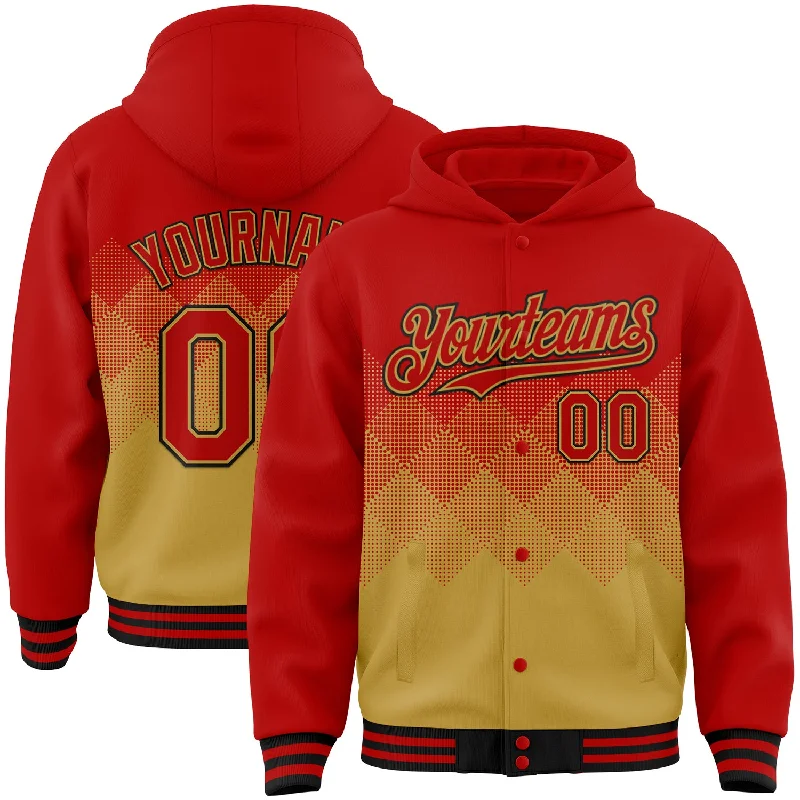 Customizable Hoodie for Personalized Apparel-Custom Red Old Gold-Black Gradient Square Shape 3D Pattern Design Bomber Full-Snap Varsity Letterman Hoodie Jacket