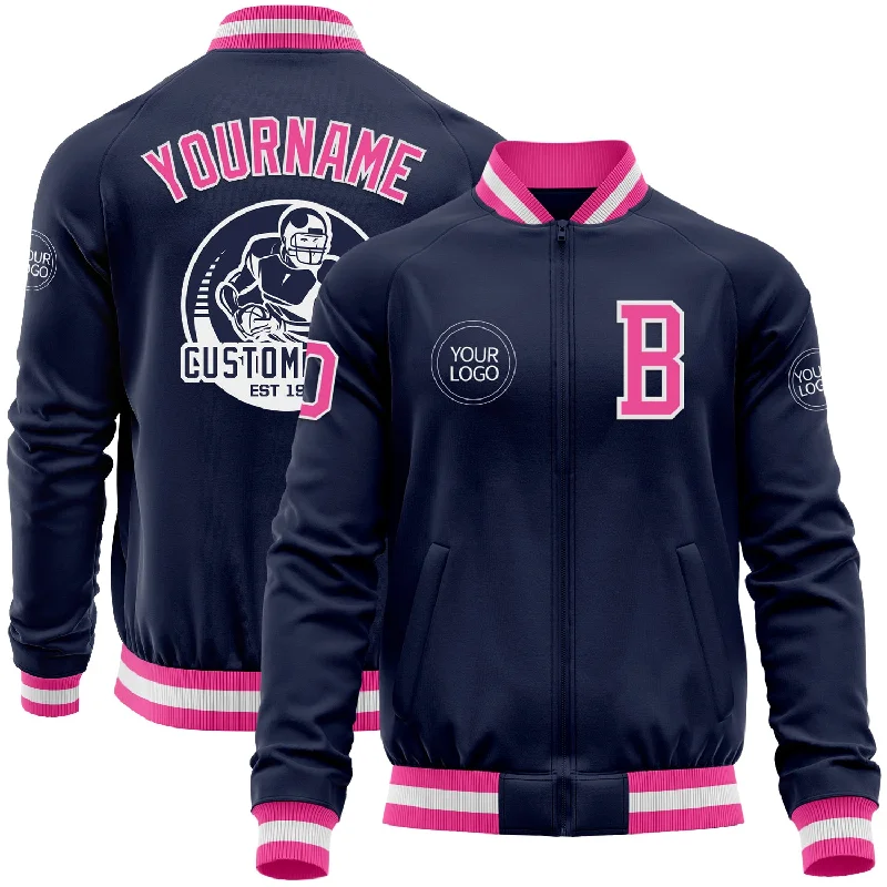 Stylish Green Army Jacket for Everyday Wear-Custom Navy Pink-White Bomber Varsity Letterman Zipper Jacket