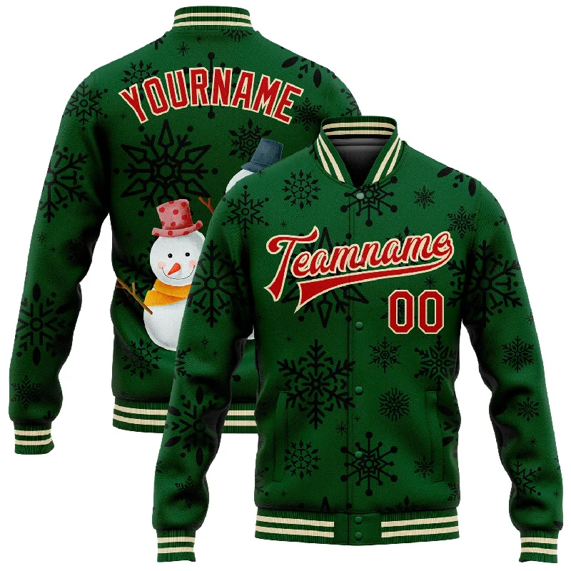 Soft Plush Jacket for Cozy Style-Custom Green Red-Cream Christmas 3D Bomber Full-Snap Varsity Letterman Jacket