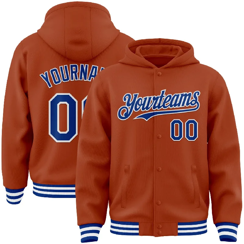 Trendy Colorblock Hoodie for Fashionable Style-Custom Texas Orange Royal-White Bomber Full-Snap Varsity Letterman Hoodie Jacket