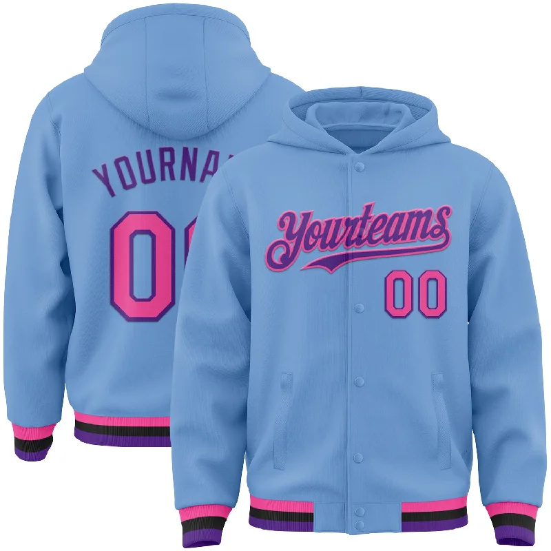 Trendy Hoodie with Graphics for Modern Appeal-Custom Light Blue Pink Purple-Black Bomber Full-Snap Varsity Letterman Hoodie Jacket