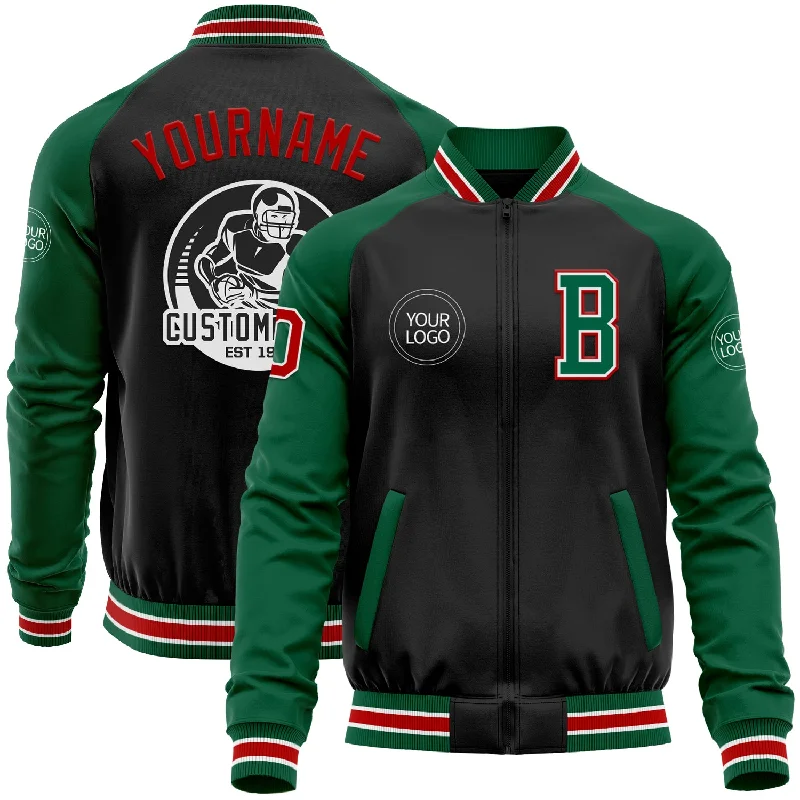 Trendy Tweed Jacket for Classic Fashion-Custom Black Red-Kelly Green Bomber Varsity Letterman Two Tone Zipper Jacket