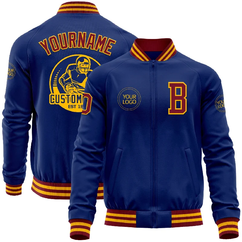 Waterproof Rain Jacket for Wet Conditions-Custom Royal Crimson-Gold Bomber Varsity Letterman Zipper Jacket