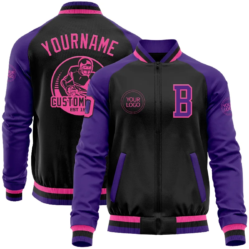 Hiking Soft Shell Jacket for Outdoor Activities-Custom Black Pink-Purple Bomber Varsity Letterman Two Tone Zipper Jacket