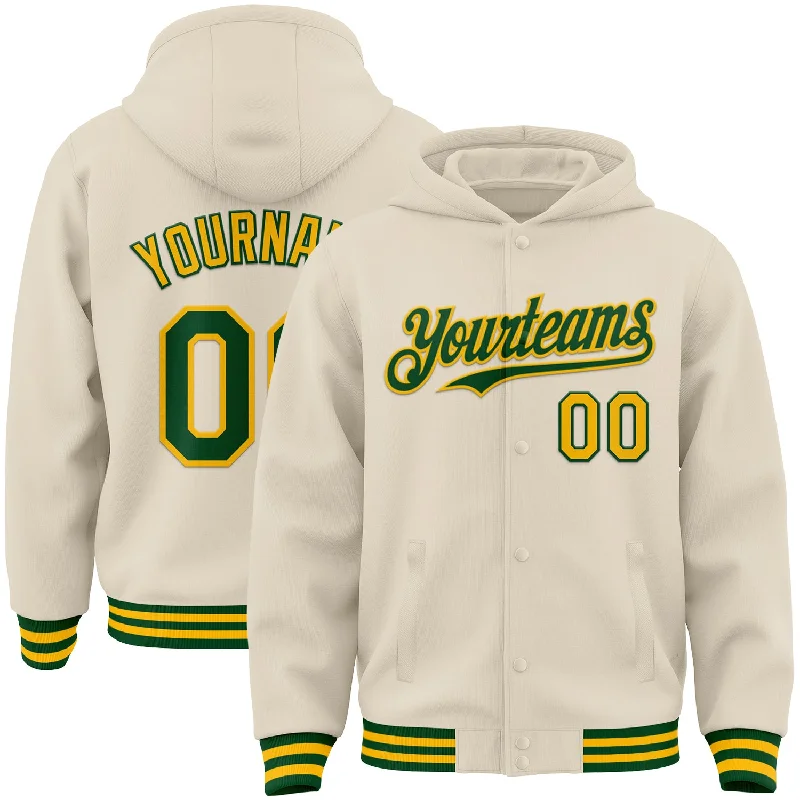 Functional Workout Hoodie for Athletes-Custom Cream Green-Gold Bomber Full-Snap Varsity Letterman Hoodie Jacket