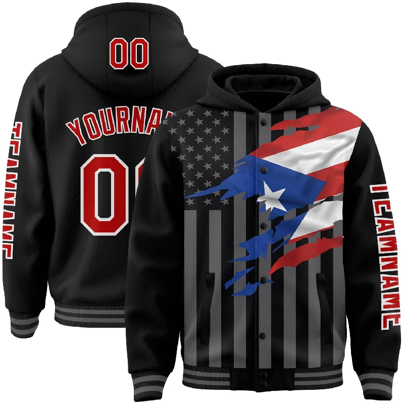 Heavyweight Hoodie for Cold Winter Days-Custom Black Red-Gray Puerto Rico Puerto Rican Flag 3D Bomber Full-Snap Varsity Letterman Hoodie Jacket