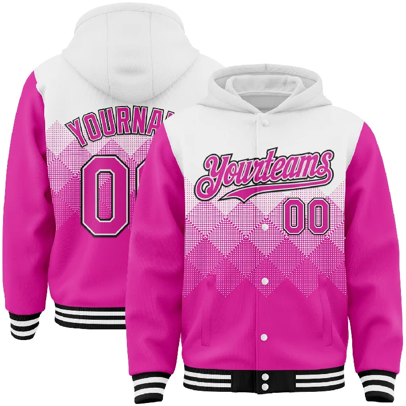 Simple Zip Hoodie for Easy Casual Style-Custom White Deep Pink-Black Gradient Square Shape 3D Pattern Design Bomber Full-Snap Varsity Letterman Hoodie Jacket