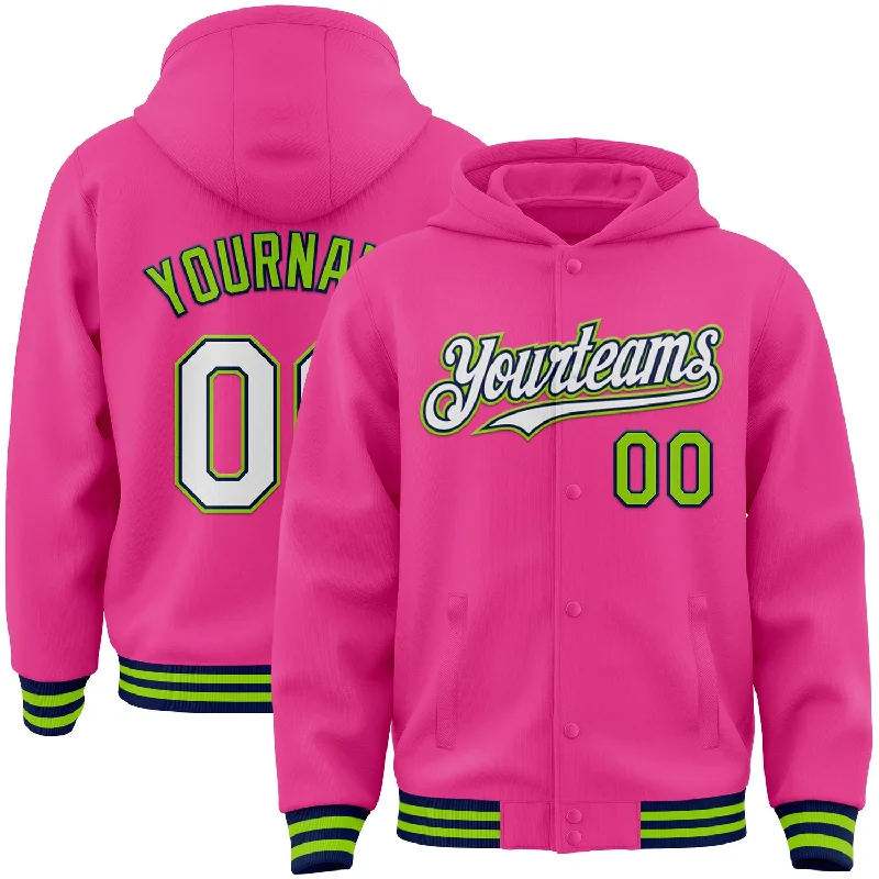 Heavy Duty Hoodie for Outdoor Workwear-Custom Pink Navy-Neon Green Bomber Full-Snap Varsity Letterman Hoodie Jacket