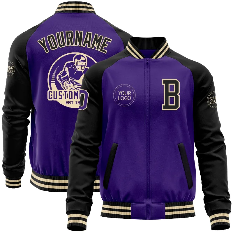 Zip-Up Hooded Jacket for Layering Style-Custom Purple Black-Cream Bomber Varsity Letterman Two Tone Zipper Jacket