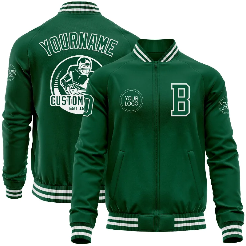 Comfortable Wool Jacket for Cold Winter Evenings-Custom Kelly Green White Bomber Varsity Letterman Zipper Jacket