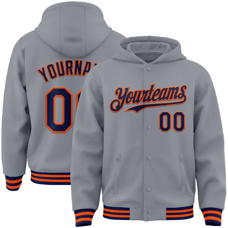 Personalized Hoodie for Custom Style-Custom Gray Navy-Orange Bomber Full-Snap Varsity Letterman Hoodie Jacket