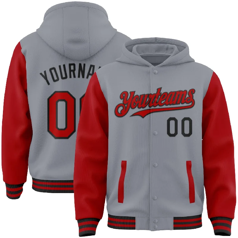 Cozy Zip Hoodie for Easy Layering-Custom Gray Red-Black Bomber Full-Snap Varsity Letterman Two Tone Hoodie Jacket