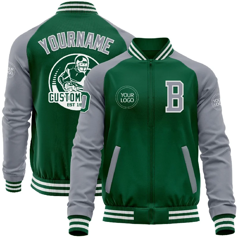 Zip-Front Jacket for Quick and Easy Wear-Custom Kelly Green Gray-White Bomber Varsity Letterman Two Tone Zipper Jacket