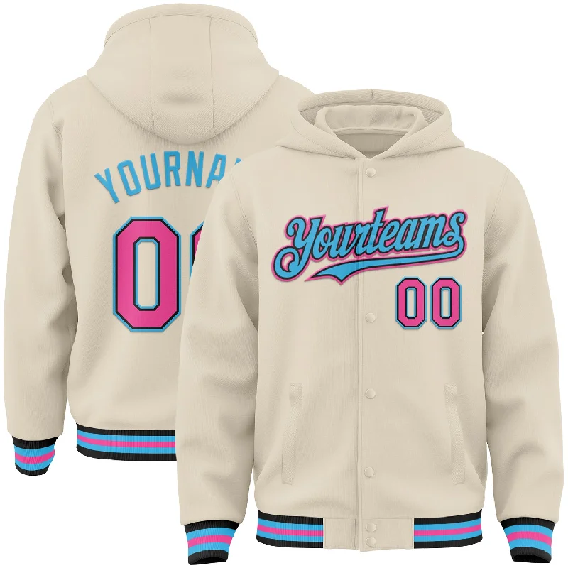 Stylish Zip Hoodie for Fashionable Comfort-Custom Cream Pink Black-Sky Blue Bomber Full-Snap Varsity Letterman Hoodie Jacket