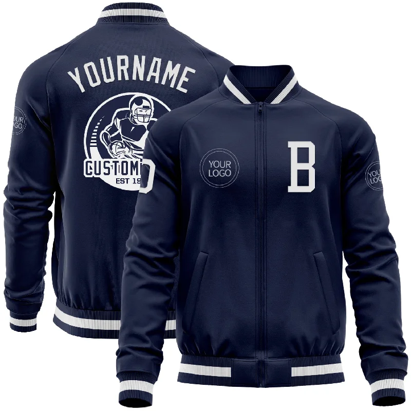 Winter Snowboard Jacket for Cold Weather Sports-Custom Navy White Bomber Varsity Letterman Zipper Jacket