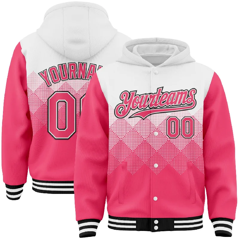 Heavy Duty Hoodie for Outdoor Workwear-Custom White Neon Pink-Black Gradient Square Shape 3D Pattern Design Bomber Full-Snap Varsity Letterman Hoodie Jacket