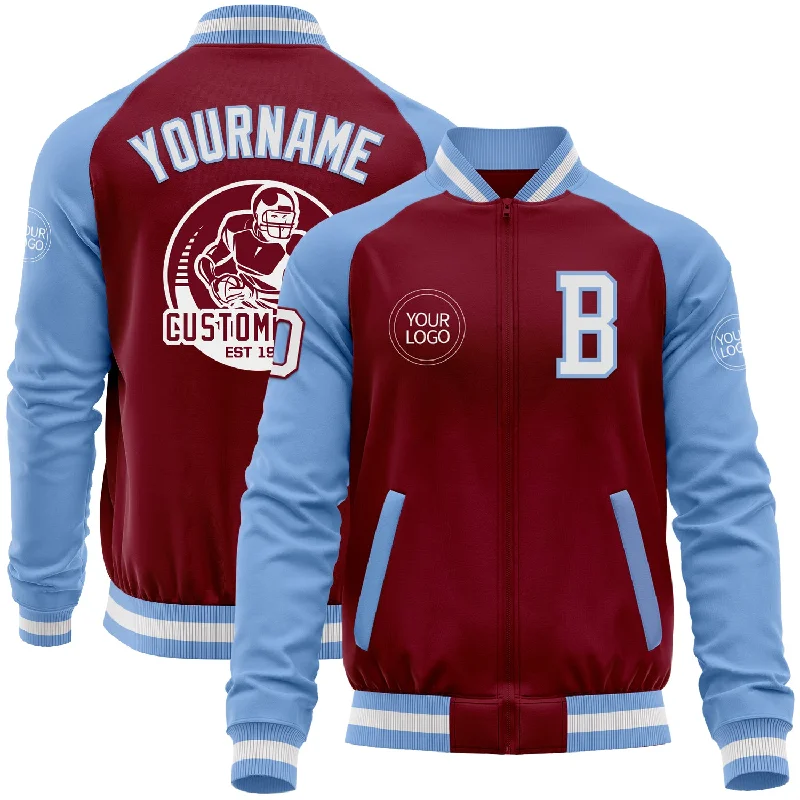 Waterproof Running Jacket for Athletes-Custom Crimson White-Light Blue Bomber Varsity Letterman Two Tone Zipper Jacket