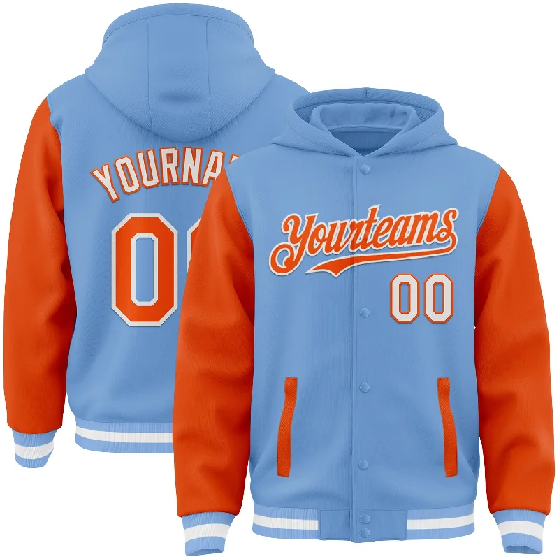 Cozy Sherpa Hoodie for Maximum Warmth-Custom Light Blue Orange-White Bomber Full-Snap Varsity Letterman Two Tone Hoodie Jacket