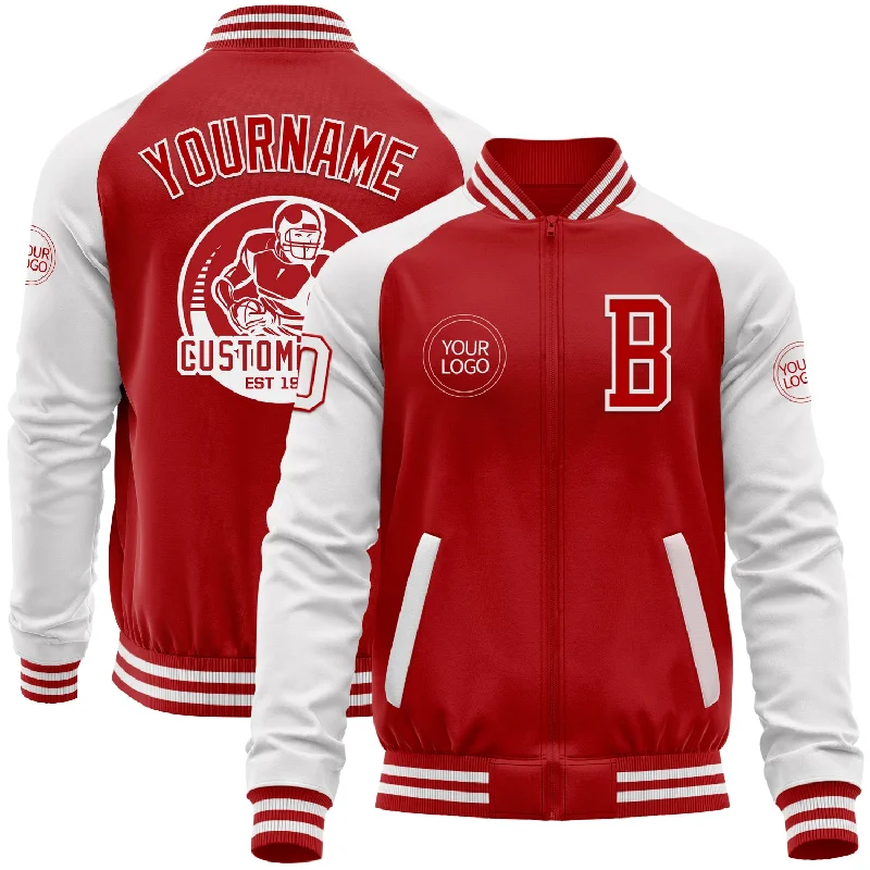 Insulated Jacket for Cold Winter Days-Custom Red White Bomber Varsity Letterman Two Tone Zipper Jacket