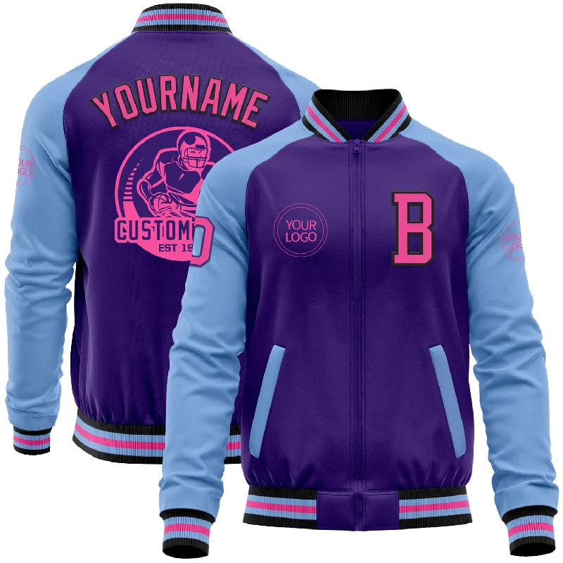 Athletic Zip-Up Jacket for Workout Gear-Custom Purple Pink Black-Light Blue Bomber Varsity Letterman Two Tone Zipper Jacket