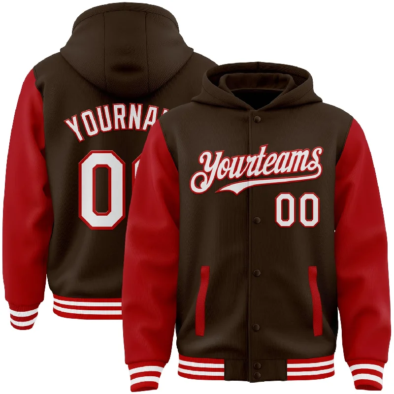 Eco-Conscious Hoodie for Sustainable Fashion-Custom Brown White-Red Bomber Full-Snap Varsity Letterman Two Tone Hoodie Jacket