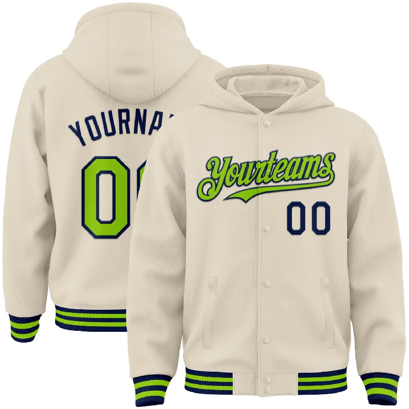 Soft and Breathable Hoodie for All-Day Wear-Custom Cream Neon Green-Navy Bomber Full-Snap Varsity Letterman Hoodie Jacket