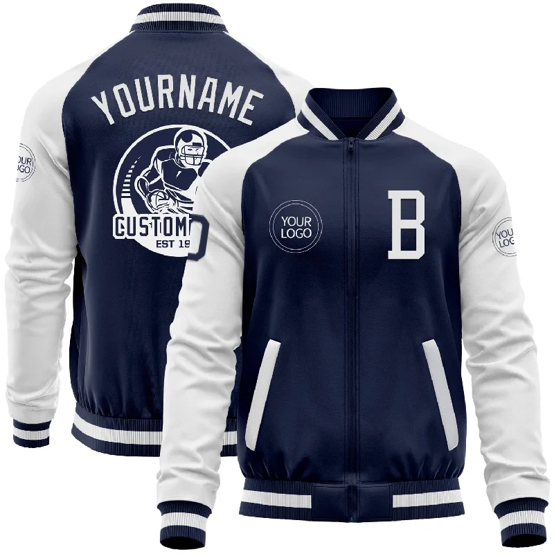 Casual Quilted Jacket for Everyday Wear-Custom Navy White Bomber Varsity Letterman Two Tone Zipper Jacket