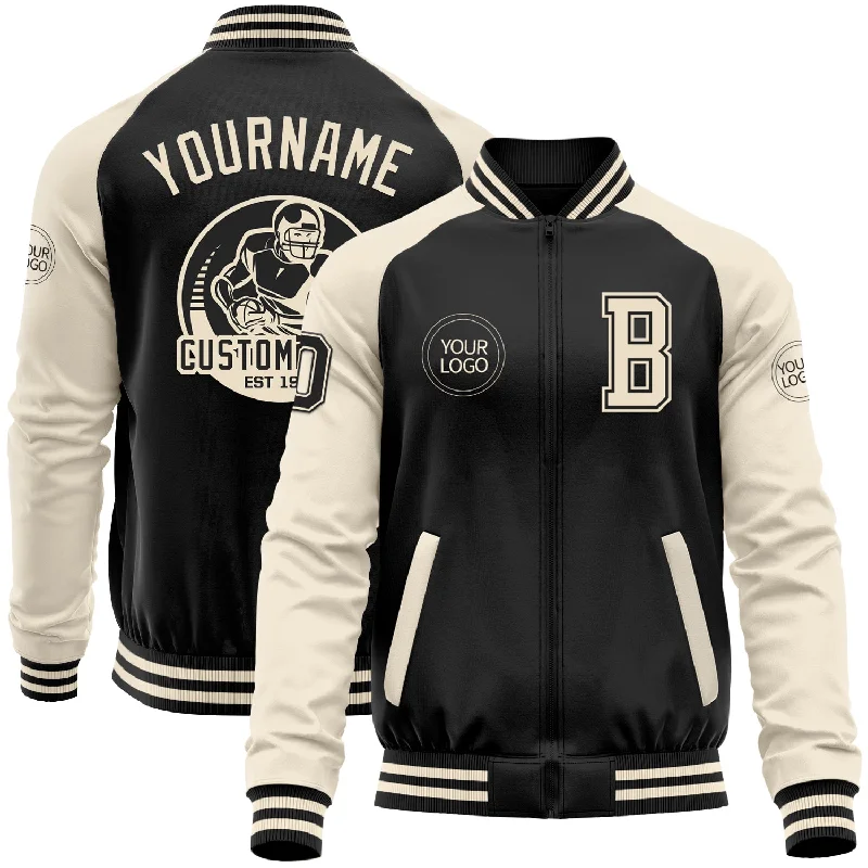 Eco-Friendly Recycled Material Jacket for Sustainability-Custom Black Cream Bomber Varsity Letterman Two Tone Zipper Jacket