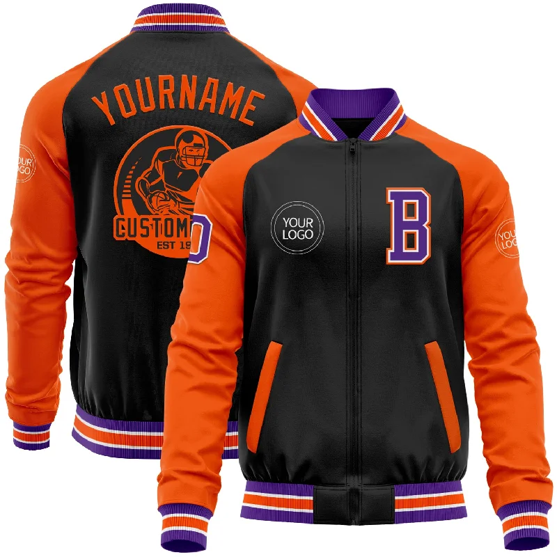 Seamless Jacket for Sleek, Minimalist Look-Custom Black Purple-Orange Bomber Varsity Letterman Two Tone Zipper Jacket